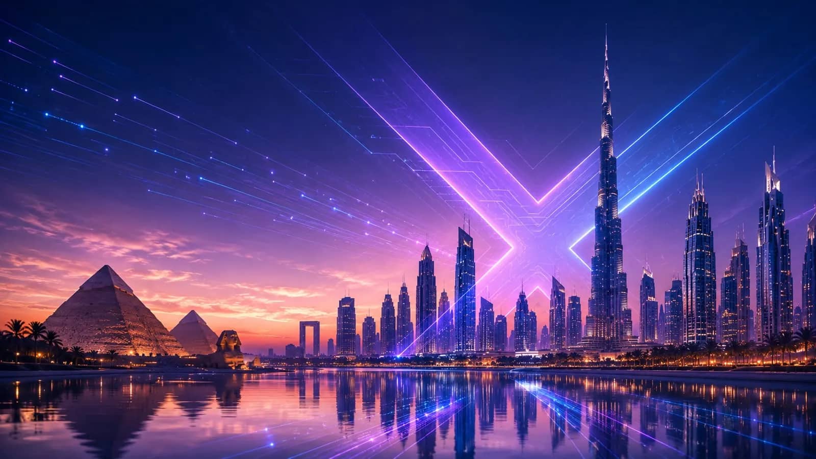 Neon skyline uniting the pyramids and a Gulf metropolis under a gradient X